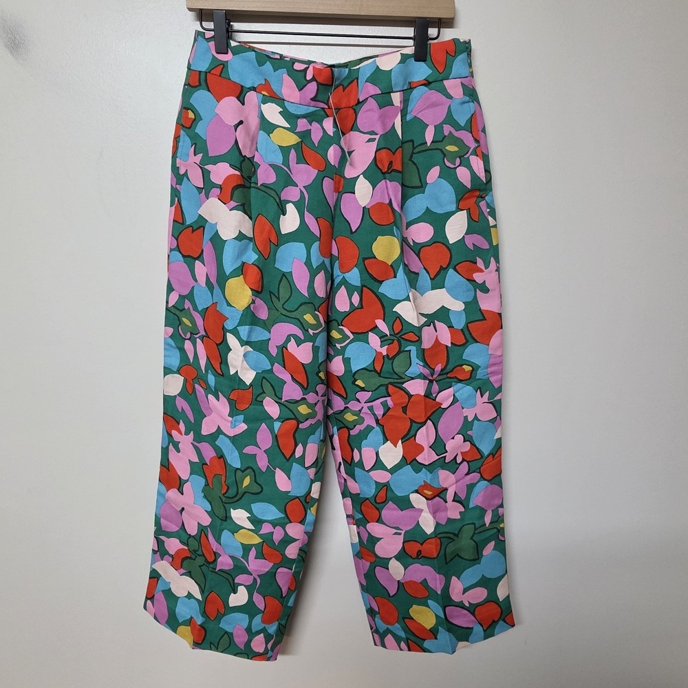 J.Crew Women Size 6 Floral Wide Leg Crop Pants Linen Lyocell Green Pink NWT